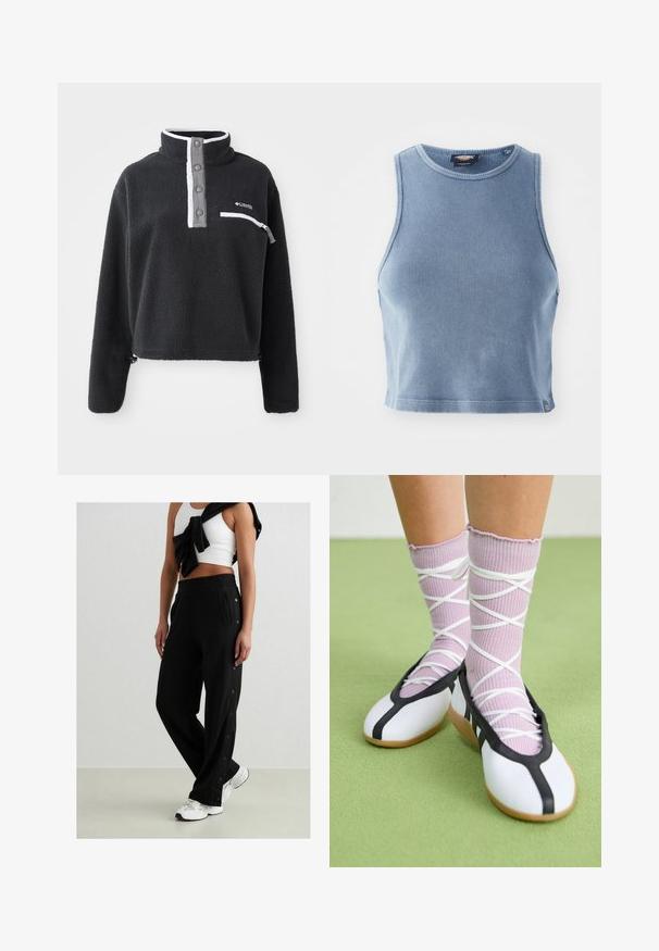 Črn flis pulover s pol zadrgo, z žepom na sprednjem delu in kontrastnimi belimi in sivo-sivimi detajli. Mehka tekstura, skrajšan dizajn.; Svetlo modra rebrasta crop majica z okroglim izrezom in brezrokavnim dizajnom. Gladka tekstura in majhna logotska podrobnost na robu.; Črne športne hlače z bočnimi gumbi na ježka, elastičnim pasom in dvema stranskima žepoma. Tkanina se zdi mehka z gladko teksturo.; Bele čevlji z ravnim podplatom in črnim robom ter podplatom, v kombinaciji s svetlo vijoličastimi rebrastimi nogavicami, ki imajo bele križaste trakove. Postavljeni na zeleni podlagi.