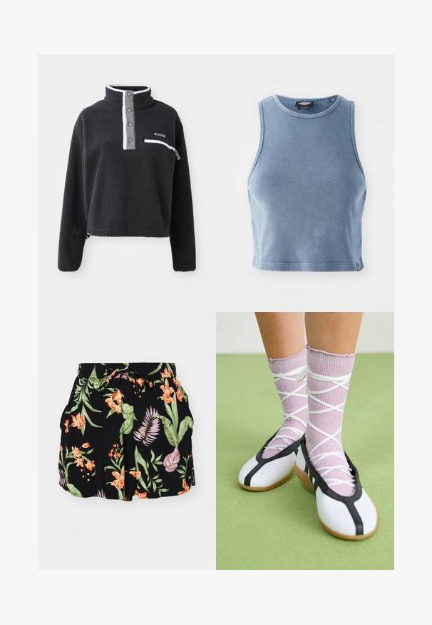 Pullover in pile nero con colletto a mezza zip, dotato di una tasca frontale sul petto e dettagli in bianco e grigio a contrasto. Tessuto morbido, design corto.; Top corto a costine blu chiaro con scollo rotondo e design senza maniche. Texture liscia e piccolo dettaglio con logo all'orlo.; Pantaloni corti neri con un vivace motivo floreale con elementi arancioni e verdi, vita elastica con cordoncino, e tasche laterali.; Scarpe bianche flat con bordi e suola nera, abbinate a calze a coste di un delicato viola chiaro con fasce bianche incrociate. Ambientate su uno sfondo verde.