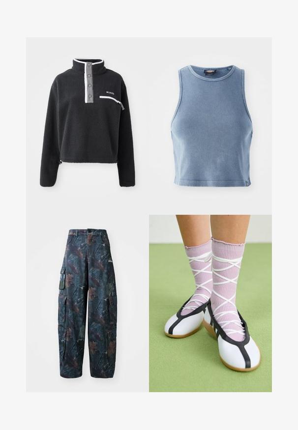 Pullover de lã preto com gola de meio zíper, apresentando um bolso frontal no peito e detalhes contrastantes em branco e cinza. Textura suave, design cropped.; Top cropped rib azul claro com decote redondo e design sem mangas. Textura suave e um pequeno detalhe de logotipo na bainha.; Calças cargo camufladas em verde escuro e castanho, com vários bolsos e um corte largo, feitas de um tecido leve e durável.; Sapatos brancos planos com detalhes e solado pretos, combinados com meias caneladas roxas claras com tiras brancas em cruz. Colocados sobre um fundo verde.
