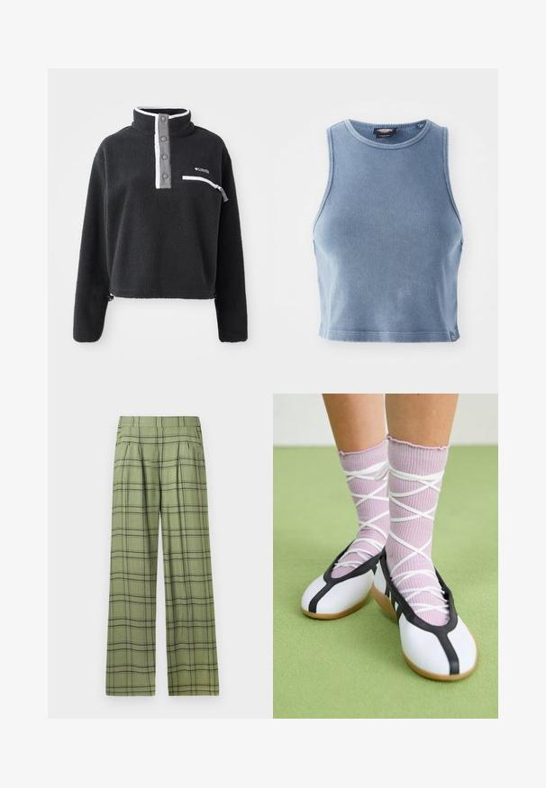 Pullover de lã preto com gola de meio zíper, apresentando um bolso frontal no peito e detalhes contrastantes em branco e cinza. Textura suave, design cropped.; Top cropped rib azul claro com decote redondo e design sem mangas. Textura suave e um pequeno detalhe de logotipo na bainha.; Calças largas verdes com padrão xadrez preto e uma cintura alta, pregas frontais e bolsos laterais.; Sapatos brancos planos com detalhes e solado pretos, combinados com meias caneladas roxas claras com tiras brancas em cruz. Colocados sobre um fundo verde.