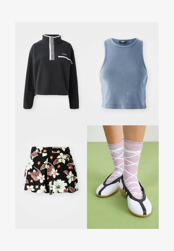 Pulover negru din fleece, cu guler pe jumătate, având un buzunar frontal pe piept și accente contrastante în alb și gri. Textură moale, design scurt.; Top scurt cu dungi, de culoare albastru deschis, cu guler rotund și fără mâneci. Textură netedă și un mic detaliu cu logo la margine.; Şorturi negre cu model floral, prezentând flori mari de culoare verde deschis și portocalie, cu frunze închise la culoare, design plisat și buzunare pe laturi.; Pantofi albi cu o margine și o talpă negre, asortați cu șosete ribbate de culoare lavandă deschis, prevăzute cu curele albe în cruce. Așezat pe un fundal verde.