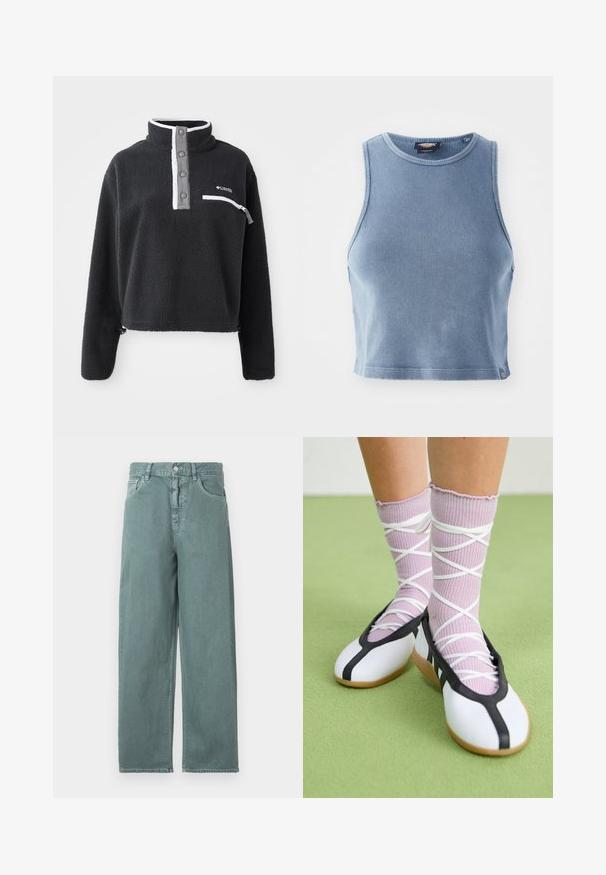 Must mustreoloogiga must fleece pullover, millel on pooltasku kaelus, ees rinna tasku ja kontrastsed valged ja hallid aktsendid. Pehme tekstuur, lühike disain.; Heledsinine ribakujuline lühike top ümmarguse kaelusega ja ilma varrukateta. Sile tekstuur ja väike logo detail allservas.; Heledad roheline laienev teksapaar, mis sisaldab nupukinnitust, nelja taskut ja peenelt õmmeldud detaile, valmistatud siledast puuvillast kangast.; Valged lamedad jalanõud musta ääre ja tallaga, koos heledate lillade soonikatega sokkidega, millel on valged ristvõrgud. Taustal roheline värv.