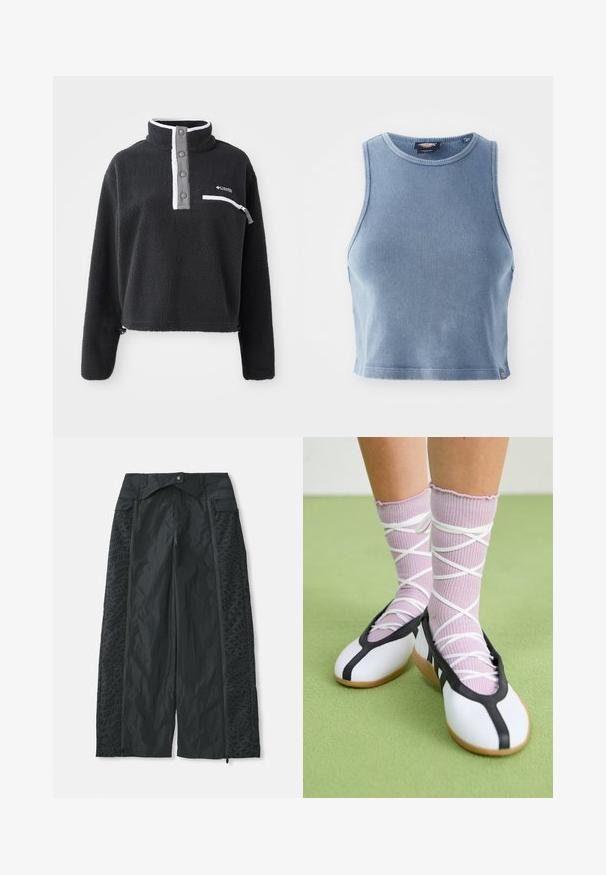 Zwarte fleece pullover met een ritskraag, voorzien van een borstzak en contrasterende witte en grijze accenten. Zachte textuur, cropped ontwerp.; Lichtblauw geribbelde crop top met een ronde halslijn en mouwloos ontwerp. Gladde textuur en een klein logo detail aan de zoom.; Zwarte wijde broek van lichtgewicht materiaal, met textuurpatronen aan de zijkanten en ritsopeningen aan de onderzoom.; Witte platte schoenen met een zwarte bies en zool, gecombineerd met lichtpaarse geribde sokken met witte kruislings banden. Geplaatst op een groene achtergrond.