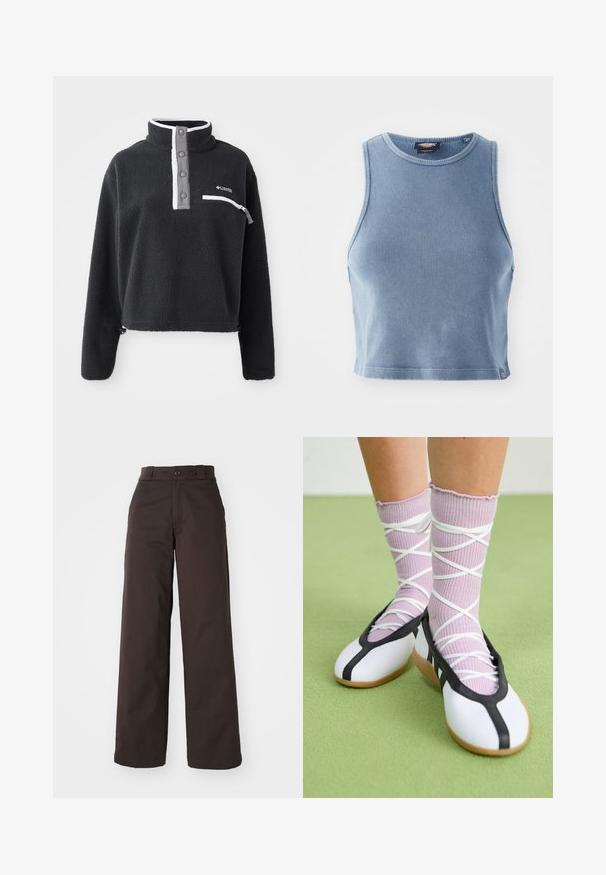 Black fleece pullover with a half zip collar, featuring a front chest pocket and contrasting white and gray accents. Soft texture, cropped design.; Light blue ribbed crop top with a round neckline and sleeveless design. Smooth texture and a small logo detail at the hem.; Brown wide-leg trousers with a button closure and belt loops, made from durable fabric, featuring a smooth texture and clean lines.; White flat shoes with a black trim and sole, paired with light purple ribbed socks featuring white crisscross straps. Set on a green background.
