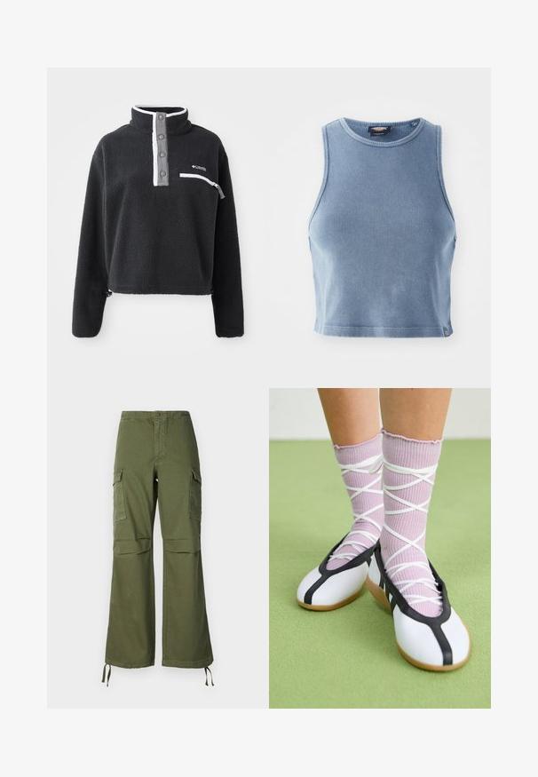Must mustreoloogiga must fleece pullover, millel on pooltasku kaelus, ees rinna tasku ja kontrastsed valged ja hallid aktsendid. Pehme tekstuur, lühike disain.; Heledsinine ribakujuline lühike top ümmarguse kaelusega ja ilma varrukateta. Sile tekstuur ja väike logo detail allservas.; Oliivrohelised puuvillased cargo püksid, millel on lai jalgade disain, kaks küljetaskut ja reguleeritavad nöörid ääres.; Valged lamedad jalanõud musta ääre ja tallaga, koos heledate lillade soonikatega sokkidega, millel on valged ristvõrgud. Taustal roheline värv.