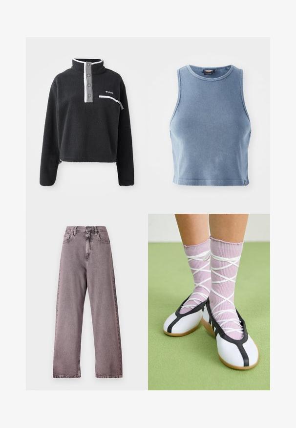 Must mustreoloogiga must fleece pullover, millel on pooltasku kaelus, ees rinna tasku ja kontrastsed valged ja hallid aktsendid. Pehme tekstuur, lühike disain.; Heledsinine ribakujuline lühike top ümmarguse kaelusega ja ilma varrukateta. Sile tekstuur ja väike logo detail allservas.; Kõrge vöökohaga, laiad teksad helesinise denimi värviga, millel on nööbikinnituseks, viis taskut ja peened plekid õmblustel.; Valged lamedad jalanõud musta ääre ja tallaga, koos heledate lillade soonikatega sokkidega, millel on valged ristvõrgud. Taustal roheline värv.