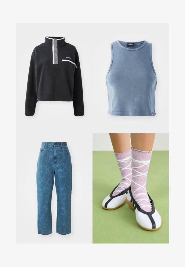 Pullover de lã preto com gola de meio zíper, apresentando um bolso frontal no peito e detalhes contrastantes em branco e cinza. Textura suave, design cropped.; Top cropped rib azul claro com decote redondo e design sem mangas. Textura suave e um pequeno detalhe de logotipo na bainha.; Calças de ganga azul claro com uma textura padrão subtil, cintura alta e corte reto. Apresentam um fecho frontal com botão e zip.; Sapatos brancos planos com detalhes e solado pretos, combinados com meias caneladas roxas claras com tiras brancas em cruz. Colocados sobre um fundo verde.