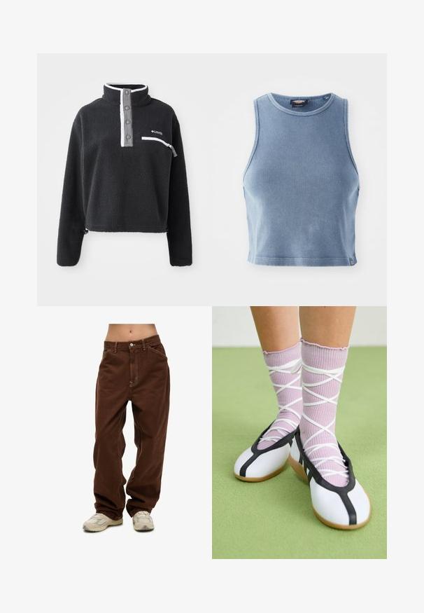 Sudadera de forro polar negra con cuello de media cremallera, que presenta un bolsillo en el pecho y acentos en blanco y gris contrastantes. Textura suave, diseño recortado.; Top corto acanalado de color azul claro con un escote redondo y diseño sin mangas. Textura suave y un pequeño detalle de logo en el dobladillo.; Pantalones de algodón marrón de pierna ancha con costuras prominentes y cierre de botón en la parte delantera, combinados con zapatillas deportivas de color claro.; Zapatos planos blancos con ribetes y suela negra, combinados con calcetines acanalados de color púrpura claro que presentan tiras blancas entrelazadas. Ambientado sobre un fondo verde.