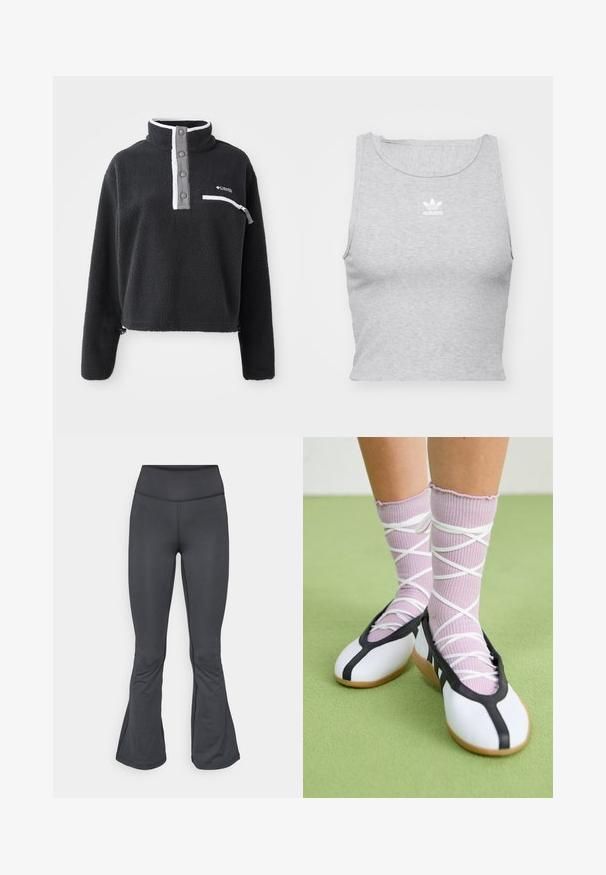 Crni flis pulover s polu-zatvaračem, sa prednjim džepom na grudima i kontrastnim bijelim i sivim detaljima. Mekan materijal, skraćeni dizajn.; Sivi kratki crop top bez rukava od mekog materijala, sa okruglim izrezom i malim bijelim Adidas logotipom na prsima.; Sive tajice s krojem na zvono, napravljene od glatkog, rastezljivog materijala, s visokim strukom i bešavnom izradom.; Bijele ravne cipele s crnim obrubom i potplatom, uparene s svijetlopurpurastim rebrastim čarapama koje imaju bijele križne trake. Postavljene na zelenoj pozadini.