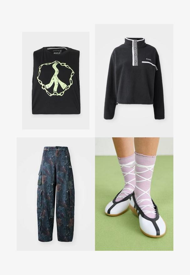 Pullover in pile nero con colletto a mezza zip, dotato di una tasca frontale sul petto e dettagli in bianco e grigio a contrasto. Tessuto morbido, design corto.; T-shirt senza maniche nera con un grande simbolo di pace di colore verde chiaro sbiadito racchiuso in un design a catena. Realizzato in morbido tessuto di cotone.; Pantaloni cargo mimetici in verde scuro e marrone, con numerose tasche e una vestibilità ampia, realizzati in un tessuto leggero e resistente.; Scarpe bianche flat con bordi e suola nera, abbinate a calze a coste di un delicato viola chiaro con fasce bianche incrociate. Ambientate su uno sfondo verde.