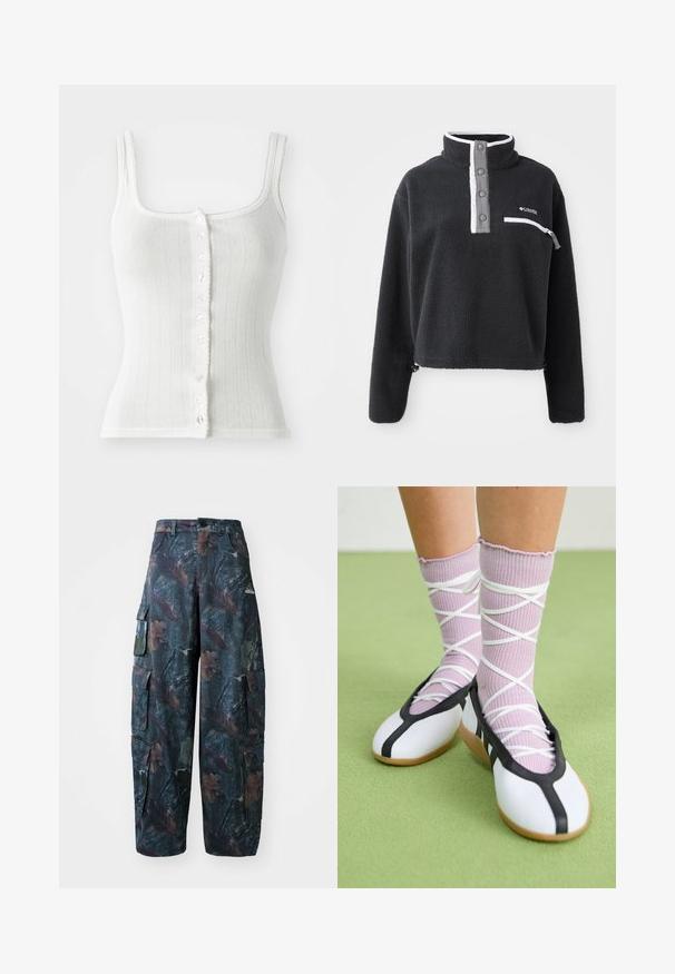 Schwarzer Fleece-Pullover mit halbem Reißverschlusskragen, ausgestattet mit einer vorderen Brusttasche und kontrastierenden weißen und grauen Akzenten. Weicher Stoff, cropped Design.; Weißes geripptes Tanktop mit quadratischem Ausschnitt, Knopfverschluss vorne und gewelltem Saum. Verfügt über kleine dekorative Muster auf dem Stoff.; Tarnfarben Cargo-Hosen in Dunkelgrün und Braun, mit mehreren Taschen und lockerer Passform, aus leichtem, strapazierfähigem Stoff.; Weiße flache Schuhe mit schwarzem Besatz und Sohle, kombiniert mit helllilanen, gerippten Socken mit weißen Überkreuz-Riemen. Auf einem grünen Hintergrund.