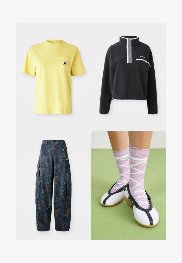 Schwarzer Fleece-Pullover mit halbem Reißverschlusskragen, ausgestattet mit einer vorderen Brusttasche und kontrastierenden weißen und grauen Akzenten. Weicher Stoff, cropped Design.; Gelbes Baumwoll-T-Shirt mit kurzen Ärmeln, rundem Ausschnitt und einer Brusttasche mit einem schwarzen Logo-Patch. Glatte Textur, lässiges Design.; Tarnfarben Cargo-Hosen in Dunkelgrün und Braun, mit mehreren Taschen und lockerer Passform, aus leichtem, strapazierfähigem Stoff.; Weiße flache Schuhe mit schwarzem Besatz und Sohle, kombiniert mit helllilanen, gerippten Socken mit weißen Überkreuz-Riemen. Auf einem grünen Hintergrund.