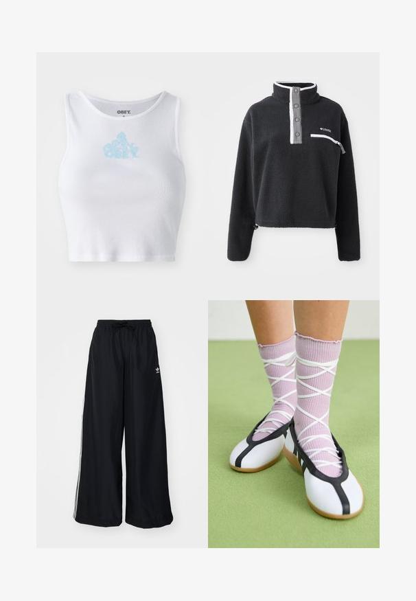 Czarny polarowy pulower z półsuwnym kołnierzem, z przednią kieszenią na klatce piersiowej oraz kontrastowymi białymi i szarymi akcentami. Miękka tekstura, krótki fason.; Biała, prążkowana krótka bluzka z okrągłym dekoltem i jasnoniebieskim logo "OBEY" umieszczonym na środku klatki piersiowej. Gładka faktura i dopasowany krój.; Czarne spodnie typu wide-leg wykonane z lekkiego materiału. Posiadają elastyczny pas z troczkiem i białe paski po bokach. Logo marki na biodrze.; Białe płaskie buty z czarnym wykończeniem i podeszwą, w połączeniu z jasnofioletowymi skarpetkami w prążki z białymi krzyżującymi się paskami. Ustawione na zielonym tle.
