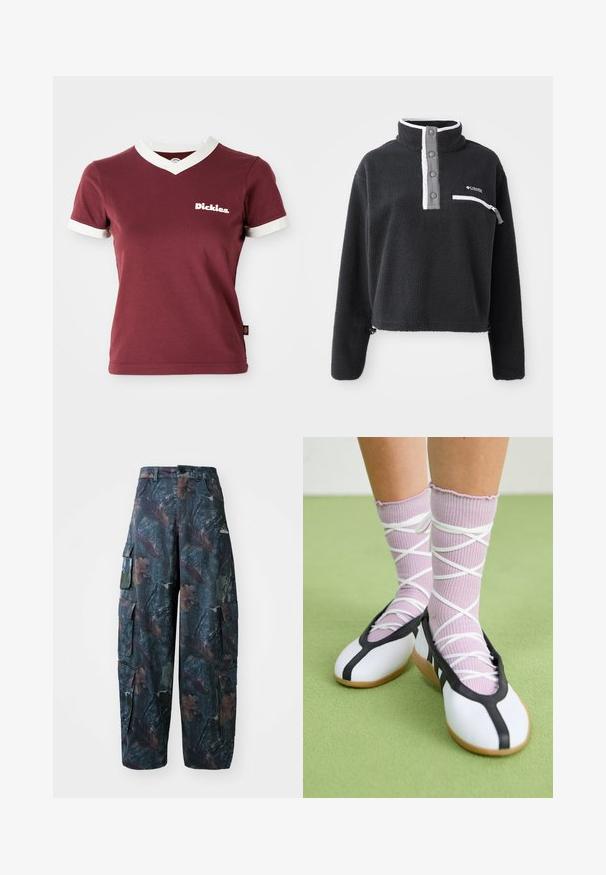 Crni flis pulover s polu-zatvaračem, sa prednjim džepom na grudima i kontrastnim bijelim i sivim detaljima. Mekan materijal, skraćeni dizajn.; Bordo V-izrez majica s bijelim rebrastim ovratom i manžetama rukava. Sadrži bijeli "Dickies" logotip na lijevoj strani prsnog koša. Izrađena od pamuka, prilagođenog kroja.; Maskirne cargo hlače u tamnozelenoj i smeškoj boji, sa višestrukim džepovima i slobodnim krojem, izrađene od laganog, izdržljivog materijala.; Bijele ravne cipele s crnim obrubom i potplatom, uparene s svijetlopurpurastim rebrastim čarapama koje imaju bijele križne trake. Postavljene na zelenoj pozadini.