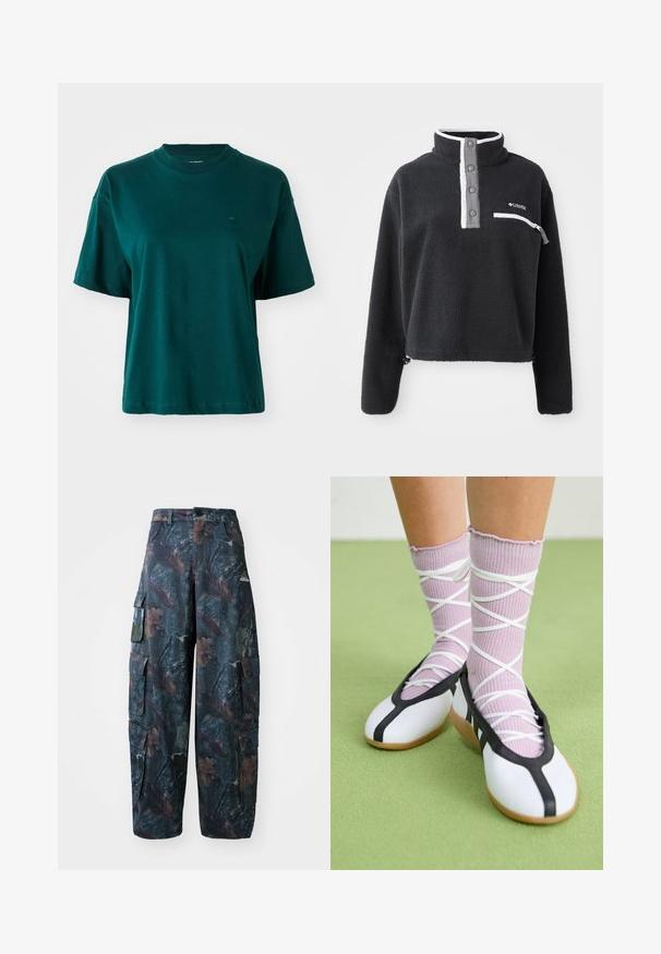Black fleece pullover with a half zip collar, featuring a front chest pocket and contrasting white and gray accents. Soft texture, cropped design.; Dark green short-sleeve t-shirt made of cotton, featuring a crew neckline and a small logo on the left chest area. Simple design.; Camo cargo pants in dark green and brown, featuring multiple pockets and a loose fit, made from lightweight, durable fabric.; White flat shoes with a black trim and sole, paired with light purple ribbed socks featuring white crisscross straps. Set on a green background.