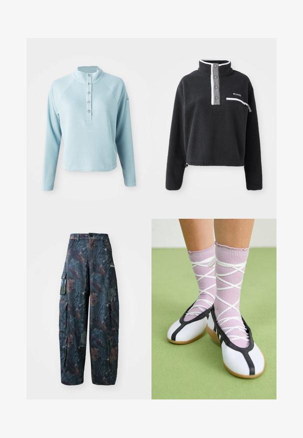 Černý fleecový pulovr s půlzipovým límcem, obsahující kapsu na přední části hrudníku a kontrastní bílé a šedé detaily. Měkká textura, zkrácený střih.; Světle modrý top s dlouhými rukávy a vysokým límcem, strukturovaná tkanina a zapínání na knoflík. Má raglánové rukávy a zkrácený lem.; Maskovací cargo kalhoty v tmavě zelené a hnědé barvě, s mnoha kapsami a volným střihem, vyrobené z lehké a odolné tkaniny.; Bílé ploché boty s černým lemem a podrážkou, doplněné světle fialovými žebrovanými ponožkami s bílými křížovými pruhy. Umístěné na zeleném pozadí.