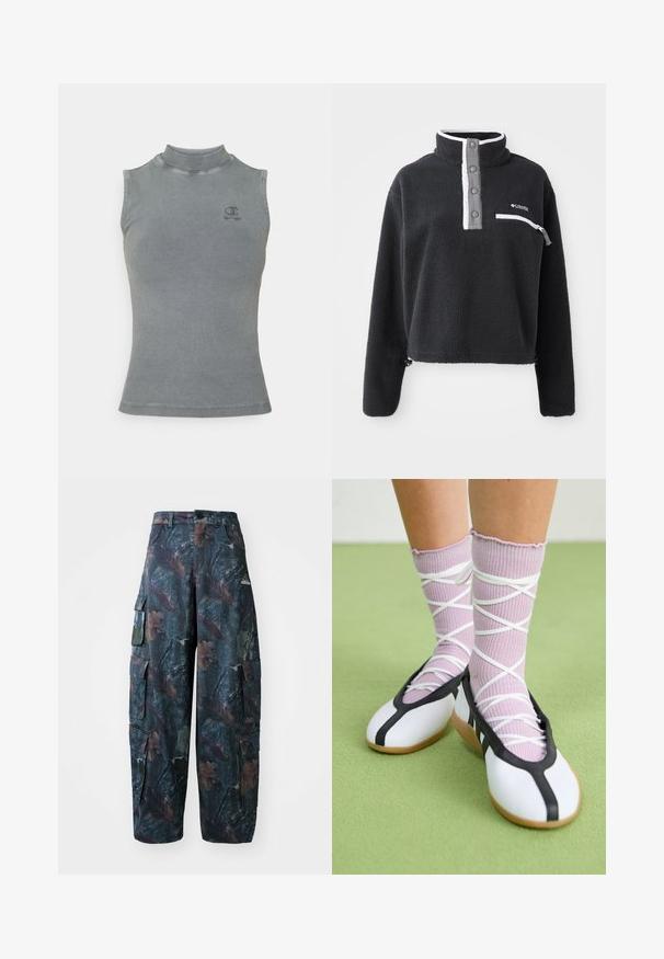 Fekete bolyhos pulóver fél cipzárral, elülső mellzsebbel és kontrasztos fehér és szürke részletekkel. Puha tapintás, rövidített fazon.; Szürke bordás ujjatlan póló magas nyakkivágással. Az elején egy kis hímzett logó található, és testhezálló szabású.; Sötétzöld és barna álcázó cargo nadrág, amely több zsebből áll és laza fazonú, könnyű, tartós szövetből készült.; Fehér lapos cipők fekete díszítéssel és talppal, világos lila bordázott zoknikkal, fehér keresztszalagokkal. Zöld háttér előtt.