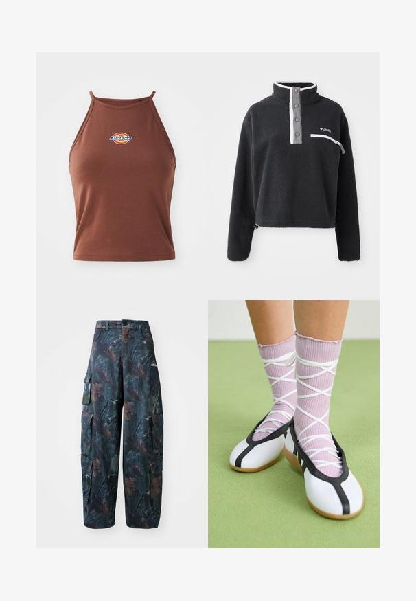 Black fleece pullover with a half zip collar, featuring a front chest pocket and contrasting white and gray accents. Soft texture, cropped design.; Brown sleeveless crop top made of stretchy fabric, featuring a colorful "Dickies" logo on the front and thin straps.; Camo cargo pants in dark green and brown, featuring multiple pockets and a loose fit, made from lightweight, durable fabric.; White flat shoes with a black trim and sole, paired with light purple ribbed socks featuring white crisscross straps. Set on a green background.