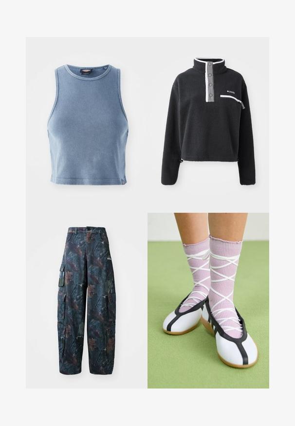 Pullover de lã preto com gola de meio zíper, apresentando um bolso frontal no peito e detalhes contrastantes em branco e cinza. Textura suave, design cropped.; Top cropped rib azul claro com decote redondo e design sem mangas. Textura suave e um pequeno detalhe de logotipo na bainha.; Calças cargo camufladas em verde escuro e castanho, com vários bolsos e um corte largo, feitas de um tecido leve e durável.; Sapatos brancos planos com detalhes e solado pretos, combinados com meias caneladas roxas claras com tiras brancas em cruz. Colocados sobre um fundo verde.