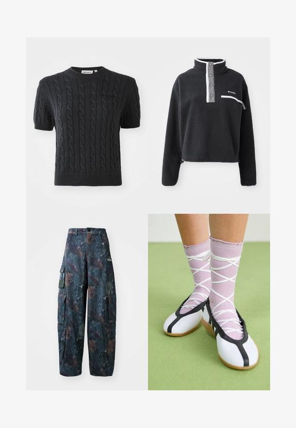 Sort fleece pullover med halv lynlås krave, der har en brystlomme og kontrasterende hvide og grå detaljer. Blød tekstur, cropped design.; Kortærmet sort strikket sweater med et kabelmønster, ribbet rund halsudskæring og et diskret logo broderet på brystet.; Camo cargo bukser i mørkegrøn og brun, med flere lommer og en løs pasform, lavet af letvægtigt, holdbart stof.; Hvide flade sko med sort trim og sål, parret med lyse lilla ribbede sokker med hvide krydsseler. Sat mod en grøn baggrund.