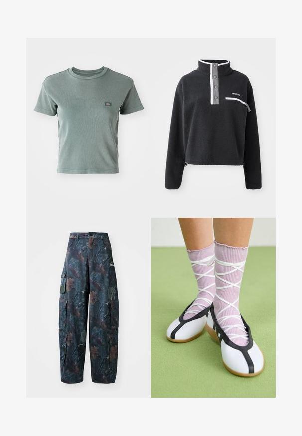 Černý fleecový pulovr s půlzipovým límcem, obsahující kapsu na přední části hrudníku a kontrastní bílé a šedé detaily. Měkká textura, zkrácený střih.; Žebrované, krátkosrsté tričko světle zelené barvy s kulatým výstřihem a malou logo nášivkou na hrudi. Měkká, texturovaná tkanina.; Maskovací cargo kalhoty v tmavě zelené a hnědé barvě, s mnoha kapsami a volným střihem, vyrobené z lehké a odolné tkaniny.; Bílé ploché boty s černým lemem a podrážkou, doplněné světle fialovými žebrovanými ponožkami s bílými křížovými pruhy. Umístěné na zeleném pozadí.