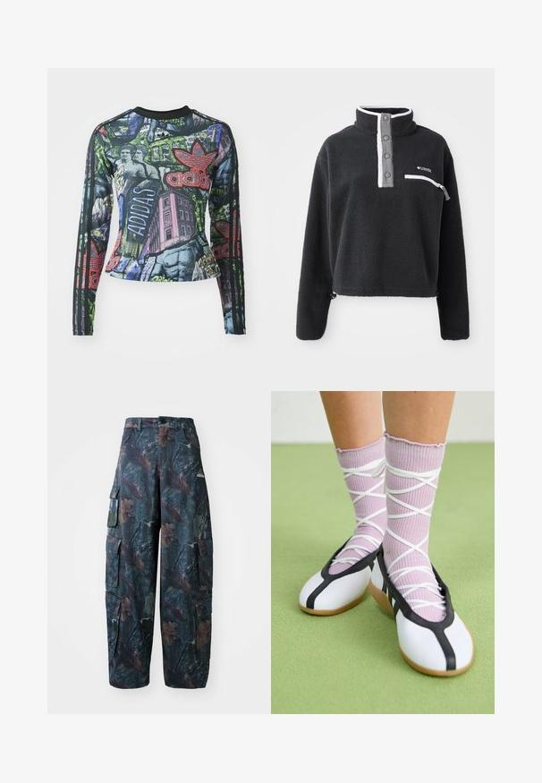 Čierny fleecový pulóver s polovičným zipsom a golierom, obsahujúci prednú vrecko na hrudi s kontrastnými bielymi a šedými akcentmi. Mäkká textúra, skrátený strih.; Dlhý rukáv športového trička s grafickým potlačou v jasných farbách, vrátane čiernej, zelenej a červenej, a tromi čiernymi pruhmi na každom rukáve.; Maskáčové cargo nohavice v tmavozeleno-hnedej farbe, s viacerými vreckami a voľným strihom, vyrobené z ľahkej a odolnej tkaniny.; Biele ploché topánky s čiernymi ozdobami a podrážkou, doplnené svetlopurpurovými rebrovanými ponožkami s bielymi krížovými pásikmi. Umiestnené na zelenom pozadí.