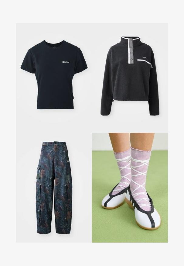Fekete bolyhos pulóver fél cipzárral, elülső mellzsebbel és kontrasztos fehér és szürke részletekkel. Puha tapintás, rövidített fazon.; Fekete pamut póló rövid ujjakkal, kerek nyakkivágással és kis fehér hímzett logóval a mellkason. Klasszikus, testhezálló kialakítás.; Sötétzöld és barna álcázó cargo nadrág, amely több zsebből áll és laza fazonú, könnyű, tartós szövetből készült.; Fehér lapos cipők fekete díszítéssel és talppal, világos lila bordázott zoknikkal, fehér keresztszalagokkal. Zöld háttér előtt.