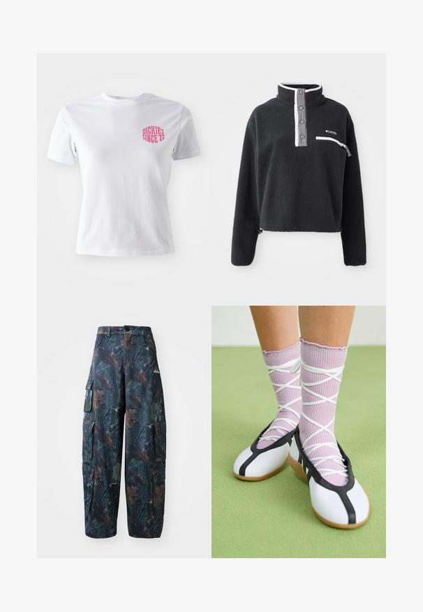 Melna flīsa džemperis ar puscieru apkakli, ar priekšējo krūšu kabatu un kontrastējošām baltām un pelēkām detaļām. Mīksta tekstūra, pārliecinošs dizains.; Balta kokvilnas T-kreklu ar īsām piedurknēm, ar rozā grafiku kreisajā krūtīs, kurā rakstīts "DICKIES SINCE '22." Klasisks apaļā kakla dizains.; Tums cargo bikses tumši zaļā un brūnā krāsā ar vairākiem kabatām un brīvu piegriezumu, izgatavotas no viegla, izturīga auduma.; Baltas plakans kurpes ar melniem akcentiem un zoli, saskaņoti ar gaiši violetām ribotām zeķēm ar baltām krustveida siksnām. Iestatīts zaļā fona.