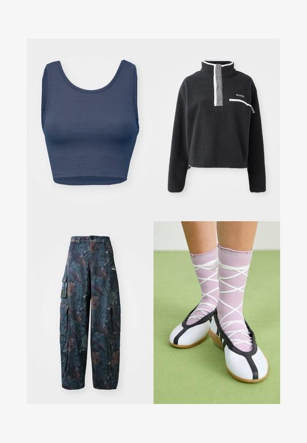 Črn flis pulover s pol zadrgo, z žepom na sprednjem delu in kontrastnimi belimi in sivo-sivimi detajli. Mehka tekstura, skrajšan dizajn.; Temno modra kratka majica s krojem s krožnim izrezom, brez rokavov, teksturirana tkanina in minimalni šivi ob robovih.; Kamuflažne cargo hlače v temno zeleni in rjavi barvi, z več žepi in ohlapnim krojem, izdelane iz lahkega, trpežnega blaga.; Bele čevlji z ravnim podplatom in črnim robom ter podplatom, v kombinaciji s svetlo vijoličastimi rebrastimi nogavicami, ki imajo bele križaste trakove. Postavljeni na zeleni podlagi.