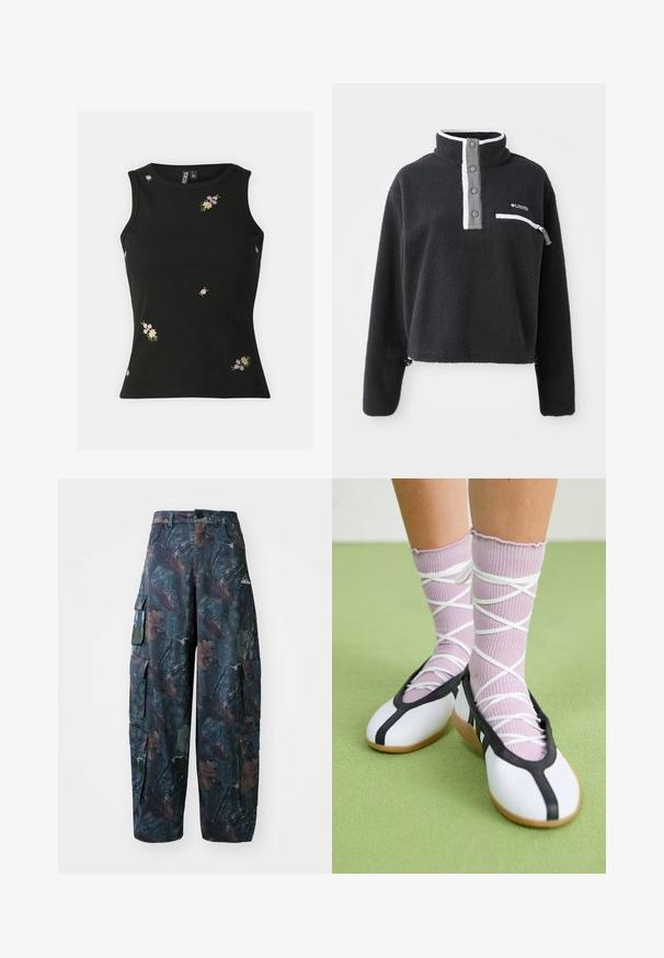 Melna flīsa džemperis ar puscieru apkakli, ar priekšējo krūšu kabatu un kontrastējošām baltām un pelēkām detaļām. Mīksta tekstūra, pārliecinošs dizains.; Melnas ribota bezpiedurkņu blūze ar daudzkrāsainu ziedu izšuvumu. Apaļa kakla izgriezums un pieguļošs dizains, piemērots ikdienas valkāšanai.; Tums cargo bikses tumši zaļā un brūnā krāsā ar vairākiem kabatām un brīvu piegriezumu, izgatavotas no viegla, izturīga auduma.; Baltas plakans kurpes ar melniem akcentiem un zoli, saskaņoti ar gaiši violetām ribotām zeķēm ar baltām krustveida siksnām. Iestatīts zaļā fona.