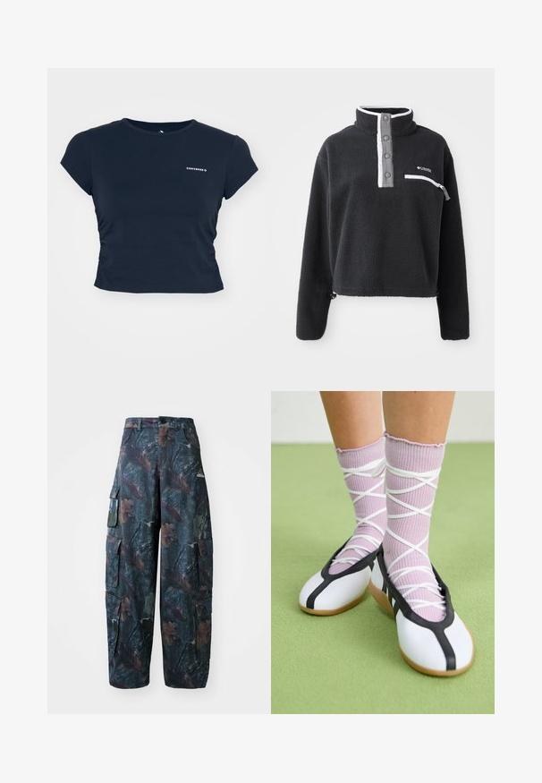 Must mustreoloogiga must fleece pullover, millel on pooltasku kaelus, ees rinna tasku ja kontrastsed valged ja hallid aktsendid. Pehme tekstuur, lühike disain.; Tumesinine lühikeste käistega lühike T-särk, mis on valmistatud puuvillast, millel on kogutud külje detail ja valge "Converse" logo rinnal.; Tumed roheline ja pruun kamuflaažiga cargo püksid, millel on mitmed taskud ja lahtine lõige, valmistatud kergest ja vastupidavast kangast.; Valged lamedad jalanõud musta ääre ja tallaga, koos heledate lillade soonikatega sokkidega, millel on valged ristvõrgud. Taustal roheline värv.