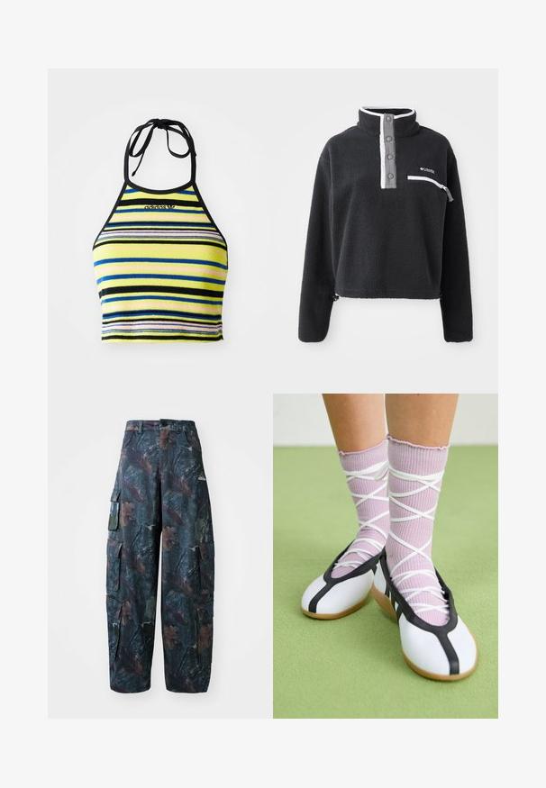 Juodas vilnonis puloveris su pusiau užtrauktuku, turintis priekinę krūtinės kišenę ir kontrastingus baltus bei pilkus akcentus. Minkšta tekstūra, trumpas dizainas.; Juostuotas halter tipo trumpas viršus, pagamintas iš minkštos medžiagos, su geltonomis, juodomis, mėlynomis ir rožinėmis juostomis, juodu kaklu ir rišimu.; Tamsiai žalios ir rudos kamufliažinės krovinių kelnės, turinčios daug kišenių ir laisvą siluetą, pagamintos iš lengvos, patvarios medžiagos.; Balti plokšti batai su juodu apvadu ir padu, derinami su šviesiai violetinėmis raukšlėtomis kojinėmis, turinčiomis baltomis kryžminėmis juostelėmis. Nustatyti žaliame fone.