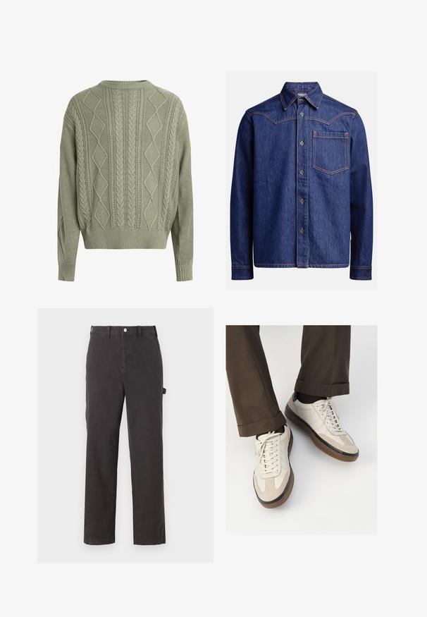 Žalių megztinių su kabeliniu raštu, turinčiu deimanto ir pintų raštų, apvaliu kaklu ir gipiūro rankogaliais bei apatine kraštine, pagamintu iš tekstūrinio megzto audinio.; Tamsiai mėlynas džinsinis marškinėliai su ilgomis rankovėmis, smailiu apykaklės dizainu, mygtukų priekyje, krūtine kišene ir kontrastinga oranžine siuvimo linija.; Tamsiai pilkos medvilnės kelnės su tiesiu šonu, su priekiniais sagčių uždarymu ir šoninėmis kišenėmis, pagamintos iš tvirtos medžiagos.; Bežiniai sportbačiai su tekstūruotu zomšinės priekine dalimi, lygiomis odinėmis šoninėmis dalimis ir ruda guminėmis padais. Į komplektą įeina juostelės ir šviesūs siuvimo detalės.