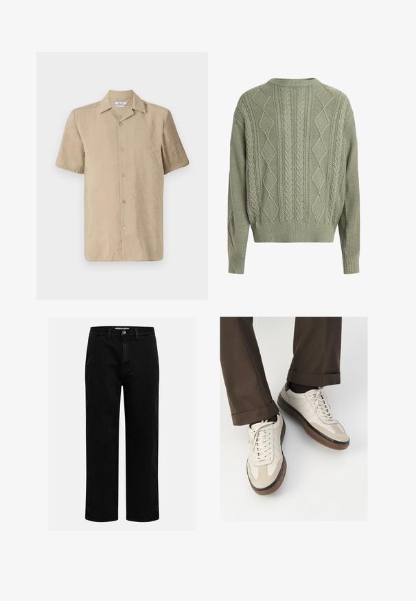 Kabelstrikket grønn genser med diamant- og flettede mønstre, rund halslinning og ribbestrikkede mansjetter og kant, laget av et teksturert strikkemateriale.; Beige kortermet skjorte laget av et lett stoff med knapper foran, klassisk krage og en lett strukturert overflate.; Svarte denimbukser med rett benkutt, klassisk fem-lomme design og knappelukking i livet. Glatt tekstur og slitesterkt stoff.; Beige sneakers med teksturert semsket front, glatte skinnsider og en brun gummisåle. Snører og lys syddetalj inkludert.