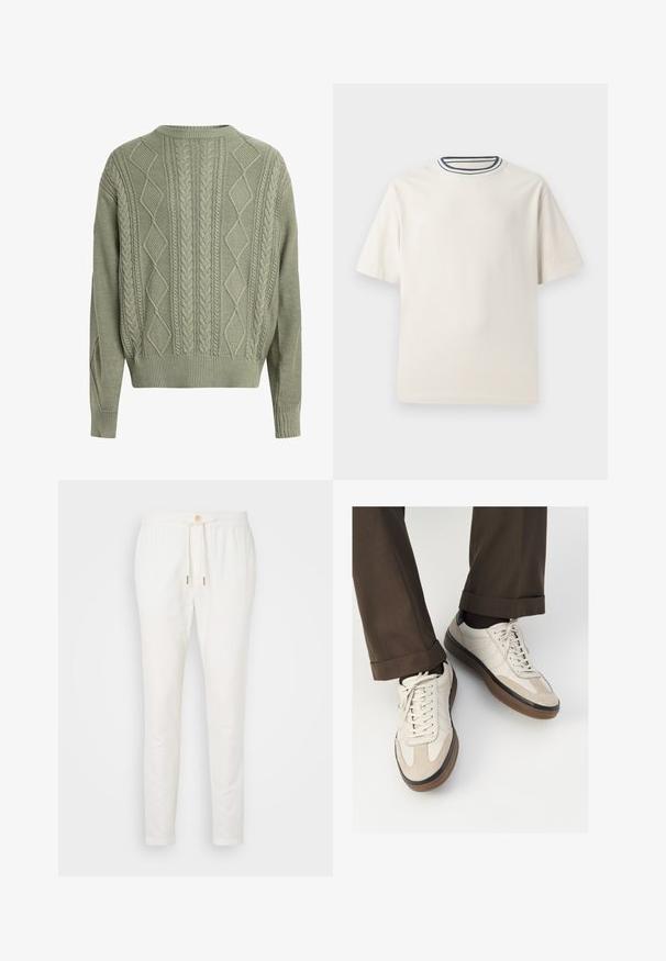 Maglione verde a maglia lavorata a trecce con motivi a rombi e trecce, scollo rotondo, e polsini e orlo a coste, realizzato in un materiale a maglia testurizzato.; T-shirt in cotone color crema con maniche corte, caratterizzato da un collo rotondo decorato da righe blu navy e bianche. Tessuto liscio, vestibilità comoda.; Pantaloni di lino bianchi con vita regolabile, chiusura a bottone e vestibilità affusolata. Texture liscia con pochi dettagli e senza motivi visibili.; Sneakers beige con una parte anteriore in suede testurizzato, lati in pelle liscia e una suola in gomma marrone. Inclusi lacci e dettagli di cucitura leggera.