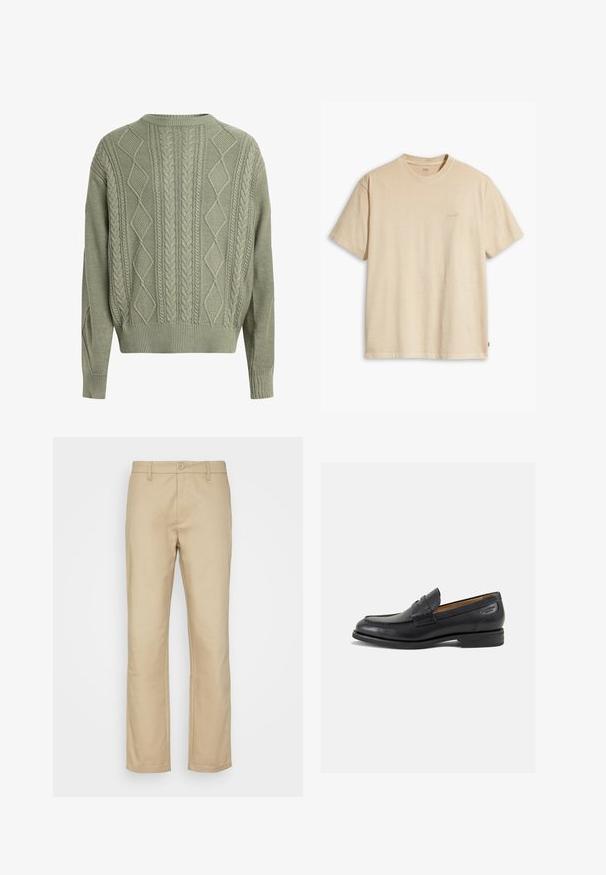 Pulover verde tricotat cu model în diamant și împletituri, gât rotund, și manșete și tiv cu marginile strânse, fabricat dintr-un material tricotat texturat.; Tricou din bumbac bej cu guler rotund și mâneci scurte. Prezintă un logo discret "Levi's" în aceeași culoare pe piept. Textură moale.; Chinos bej, design cu picioare drepte, țesătură din amestec de bumbac, închidere cu buton frontal, bucle pentru curea și manșete finisate. Fără modele sau accente vizibile.; Mocasini din piele neagră cu o finisare netedă, vârf rotund și cusături decorative pe partea superioară. Toc mic și stivuit, cu o ușoară strălucire.