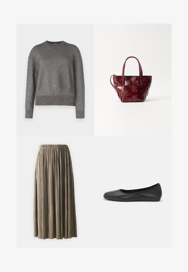 Szürke pulóver reflektáló kötött textúrával, kerek nyakkivágással, bordás mandzsettákkal és szegéllyel; enyhén laza szabású és hosszú ujjú.; Samsøe Samsøe UMA - A-vonalú szoknya - lead gray; Fekete bőr balettcipő lekerekített orral, sima tekstúrával, minimális varrással és rugalmas talp kialakítással.; Szőtt bordó bőr tote táska két rövid fogantyúval és levehető vállpánttal. Strukturált formája és sima textúrája jellemzi.