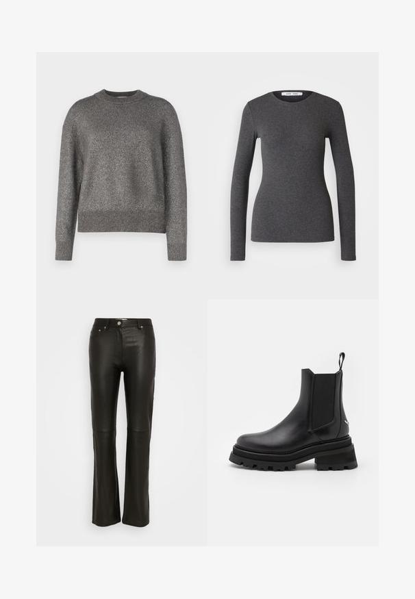 Hallikas sviiter, millel on peegeldav kudumistekstsuur, ümar kaelus ning soonikkoes varrukad ja äär; veidi laiem istuvus ja pikad varrukad.; Tumehall vööta, ümarakaelusega pluus, mis on valmistatud ribakoest, sobib keha järgi ning omab siledat tekstuuri ja minimaalset kaunistust.; Mustad kunstnahast püksid flöödid esitus, millel on nupp ja nöördimise silmused ning kaks esikotti. Sile tekstuur ja kitsas lõige.; Musthave musta nahast Chelsea saapad elastsete külgpaneelidega, ümmarguse nina, jäme kummitald ja tõmbevahe heel'il. Strukturiseeritud ja siledad pinnad.