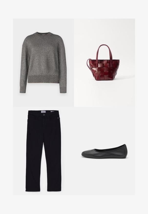 Maglione grigio con una trama a maglia riflettente, scollatura rotonda e polsini e orlo a costine; vestibilità leggermente larga e maniche lunghe.; Jeans in denim nero con una vestibilità slim, dotati di chiusura a bottone frontale, passanti per cintura e tasche anteriori. Materiale morbido con una texture liscia.; Pantofole da balletto nere in pelle con punta arrotondata, texture liscia, dettagli di cucitura minimi e design con suola flessibile.; Borsa a tote in pelle borgogna intrecciata con due manici corti e una tracolla rimovibile. Presenta una forma strutturata e una texture liscia.