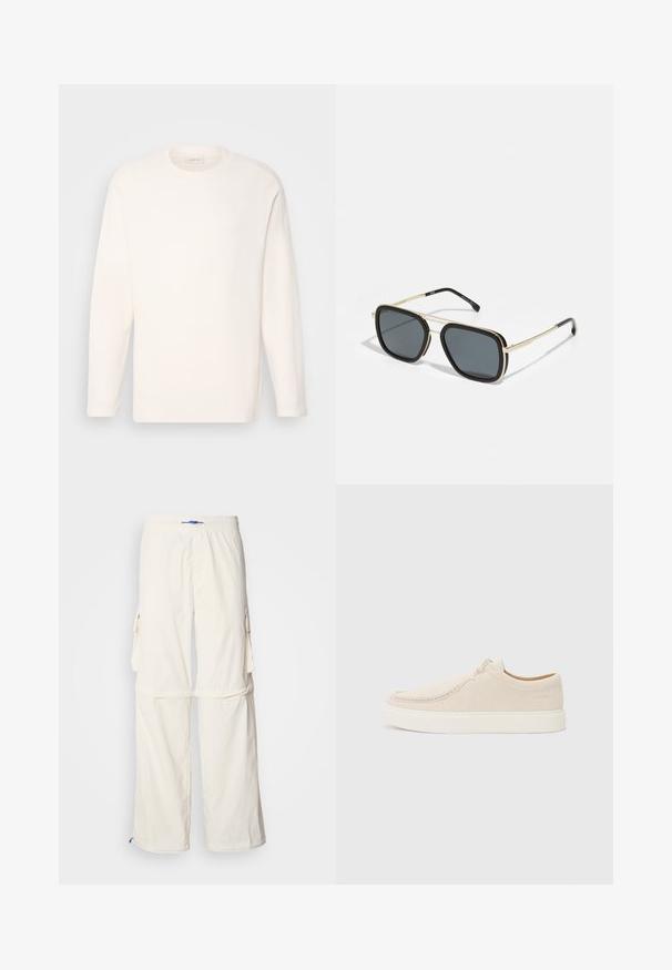 Long-sleeve crewneck shirt in off-white fabric with a smooth texture. Subtle logo detail on chest, straight hem, and soft cuffs.; White cargo pants with an elastic waistband and blue drawstring, featuring side pockets and a relaxed fit, made from lightweight fabric.; Light beige suede sneaker with a rounded toe, minimal stitching, and a white rubber sole. Features a simple lace closure and branding detail.; Black and gold sunglasses with a square shape, metallic frame, dark gray lenses, and black temple tips. Features double bridge design.