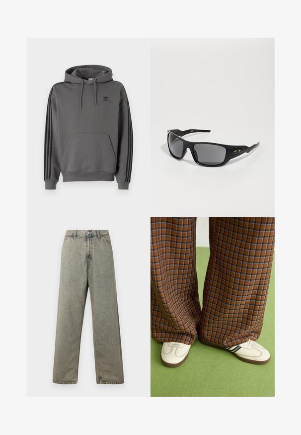 Pelēks kapucis ar kenguru kabatu, melns Adidas logo un melnām trīs svītrām gar piedurknēm. Izgatavots no mīksta, strukturēta auduma.; Platas kājas džinsi izbalinātā pelēkā krāsā, ar pogu aizdari un tradicionālo piecu kabatu dizainu, ar redzamām stiprinājuma šuvēm.; Brūni un zili rūtaini platās kājas bikses, kas savienotas ar baltām kurpēm ar melniem akcentiem un teksturētām zolēm, uz zaļa fona.; Melni saulesbrilles ar taisnstūra formu, izgatavotas no izturīgas plastmasas, ar pelēkiem tonētiem objektīviem un zelta akcentu sānos.