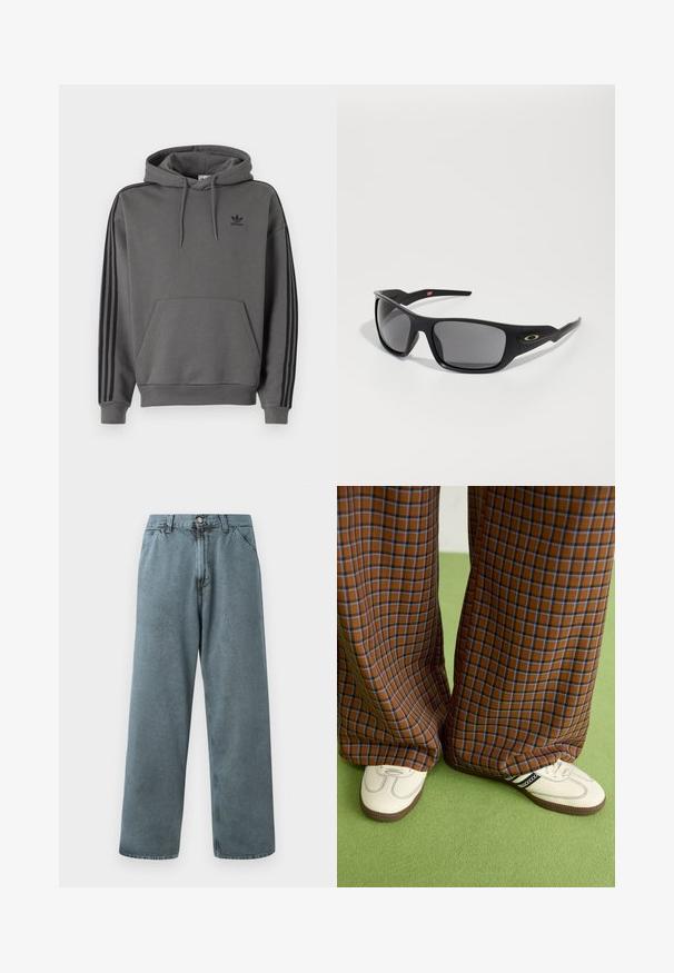 Felpa grigia con tasca a marsupio, logo Adidas nero e strisce nere lungo le maniche. Realizzata in un morbido tessuto testurizzato.; Pantaloni in denim azzurro chiaro con taglio dritto, caratterizzati da una chiusura a bottone classica e un design a cinque tasche. Texture morbida e dettagli di cucitura minimi.; Pantaloni a pieghe larghi a quadri marroni e blu abbinati a scarpe bianche con dettagli neri e suole testurizzate, posizionati su uno sfondo verde.; Occhiali da sole neri con forma rettangolare, realizzati in plastica resistente, con lenti grigio scure e un accento dorato sul lato.