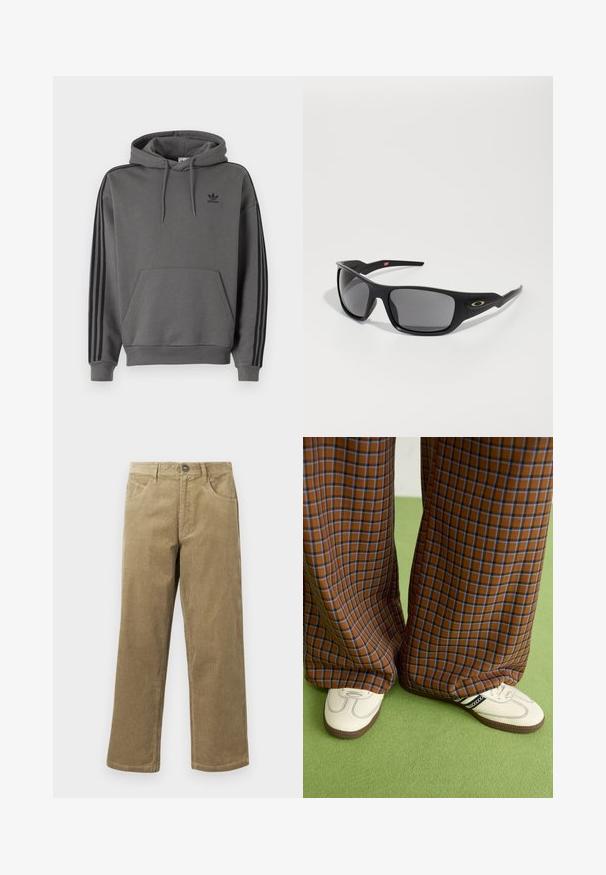 Grå hettegenser med kengurulomme, svart Adidas-logo og svarte tre-stripes accenter langs ermene. Laget av mykt, teksturert stoff.; Buksen i kordfløyel i lys brun, med rett ben-design, fem lommer og knappelukking. Teksturert stoff med subtile ribber.; Brune og blå rutete vide bukser sammen med hvite sko med svarte detaljer og teksturerte såler, satt mot en grønn bakgrunn.; Sorte solbriller med rektangulær form, laget av slitesterk plast, med gråtonede linser og en gullakzent på siden.