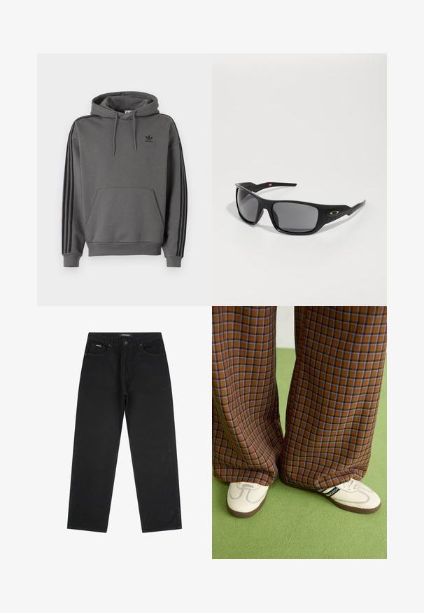 Šedá mikina s klokaní kapsou, černé logo Adidas a černé tři pruhy na rukávech. Vyrobena z měkké, strukturované tkaniny.; Pegador BALTRA - Baggy džíny - deep black; Hnědo-modré kostkované široké kalhoty doplněné bílými botami s černými akcenty a texturovanou podrážkou, umístěné na zeleném pozadí.; Černé sluneční brýle s obdélníkovým tvarem, vyrobené z odolného plastu, s šedými zrcadlovými skly a zlatým akcentem po straně.