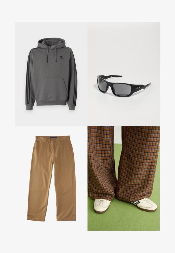 Šedá mikina s klokaní kapsou, černé logo Adidas a černé tři pruhy na rukávech. Vyrobena z měkké, strukturované tkaniny.; Béžové bavlněné chinos kalhoty s rovným střihem, které mají dvě přední kapsy, jednu zadní kapsu a zapínání na knoflík. Hladká textura.; Hnědo-modré kostkované široké kalhoty doplněné bílými botami s černými akcenty a texturovanou podrážkou, umístěné na zeleném pozadí.; Černé sluneční brýle s obdélníkovým tvarem, vyrobené z odolného plastu, s šedými zrcadlovými skly a zlatým akcentem po straně.