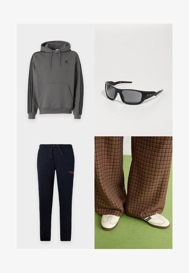 Hanorac gri cu buzunar tip kangaroo, logo Adidas negru și accente negre cu trei dungi pe mâneci. Fabricat dintr-un material moale, texturat.; Pantaloni de jogging navy cu șnur, cu buzunare laterale, picioare conice și text portocaliu "WEEKEND OFFICER" pe coapsa dreaptă. Material dintr-un amestec moale de bumbac.; Pantaloni largi cu carouri maro și albastru, asociați cu pantofi albi cu accente negre și tălpi texturate, împotriva unui fundal verde.; Ochelari de soare negri cu o formă rectangulară, fabricați din plastic durabil, având lentile gri și un accent auriu pe laterale.
