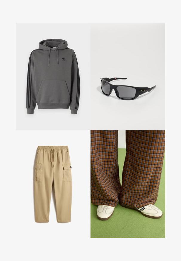 Grå hoodie med en känguruficka, svart Adidas-logotyp och svarta tre-strips-accenter längs ärmarna. Tillverkad av mjukt, texturerat tyg.; Beiga cargobyxor med elastisk midja och snörning. Har två sidofickor och två stora cargofickor på låren. Slätt tyg.; Bruna och blå rutiga vida byxor i kombination med vita skor med svarta accenter och texturerade sulor, mot en grön bakgrund.; Svarta solglasögon med rektangulär form, tillverkade av hållbar plast, med gråfärgade linser och en gulddetalj på sidan.