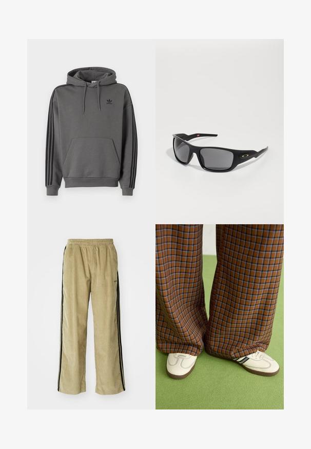 Sweatshirt cinza com um bolso canguru, logótipo da Adidas em preto e detalhes em preto com três riscas ao longo das mangas. Feito de um tecido suave e texturizado.; Calças de veludo cotelê bege com um cós elástico, apresentando riscas laterais pretas. O tecido tem uma textura estriada, ligeiramente alargadas na parte inferior.; Calças largas em padrão xadrez castanho e azul, combinadas com sapatos brancos com detalhes pretos e solas texturizadas, contra um fundo verde.; Óculos de sol pretos com forma retangular, feitos de plástico durável, com lentes cinzas e um detalhe dourado na lateral.