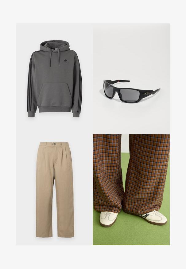 Grauer Kapuzenpullover mit Kängurutasche, schwarzem Adidas-Logo und schwarzen Drei-Streifen-Akzenten an den Ärmeln. Hergestellt aus weichem, strukturiertem Stoff.; Beige Hochbundhose mit Falten, Gürtelschlaufen, Knopfverschluss und geraden Beinen auf einem weißen Hintergrund.; Braun und blaue Karohosen mit weitem Bein, kombiniert mit weißen Schuhen mit schwarzen Akzenten und strukturierten Sohlen, vor einem grünen Hintergrund.; Schwarze Sonnenbrille mit rechteckiger Form, aus robustem Kunststoff gefertigt, mit grauen getönten Gläsern und einem goldenen Akzent an der Seite.