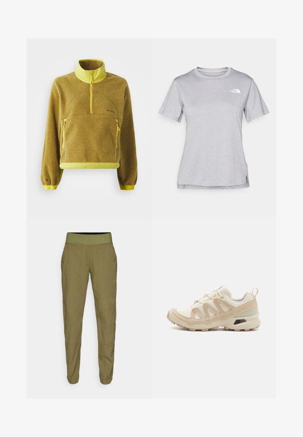 Salomon CHROMA CROP - Vesta od flisa - brilliant olive/cress green; Siva kratka majica s kratkim rukavima izrađena od mekog, tkanog materijala koji upija vlagu. Ima okruglu izrez i mali bijeli logo na gornjem lijevom dijelu.; Maslinasto zelene tapered hlače s elastičnim strukom, lagani materijal i dva bočna džepa. Sadrže suptilne šavove i manžetne na dnu.; Bež i kremasti sportski tenisice s teksturiranim mrežastim gornjim dijelom, potpornih preklopa i gumeni potplat s uzorcima za prianjanje.